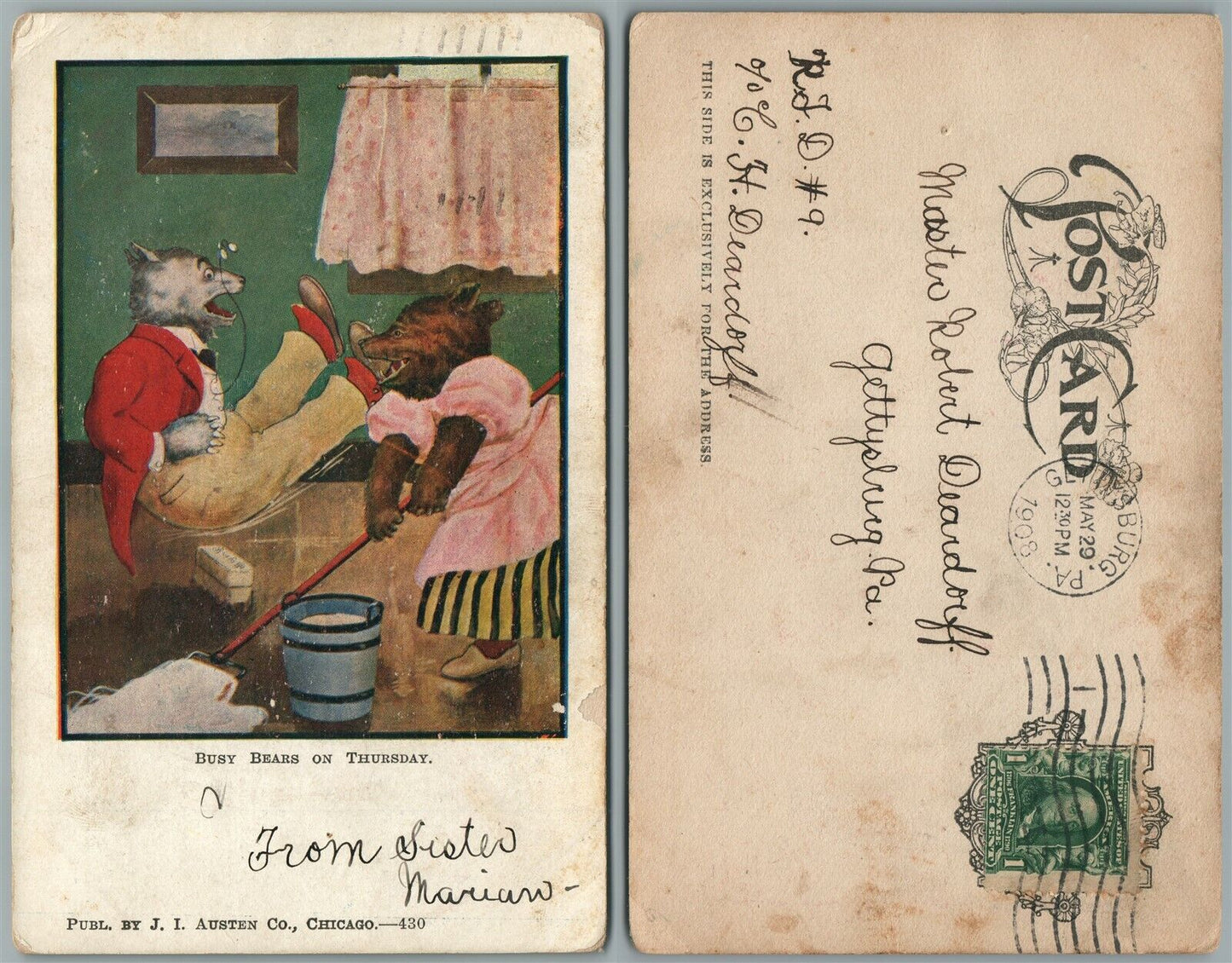 BUSY BEARS ON THURSDAY ANTIQUE UNDIVIDED POSTCARD