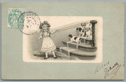 GIRL w/ DOGS ANTIQUE POSTCARD