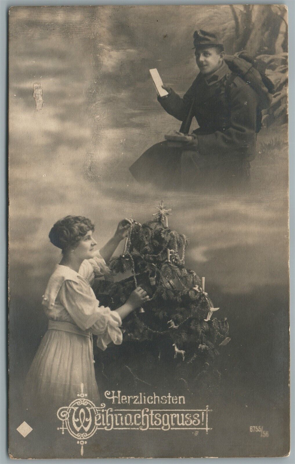 DECORATING CHRISTMAS TREE w/ DRESDEN ORAMENTS ANTIQUE REAL PHOTO POSTCARD RPPC