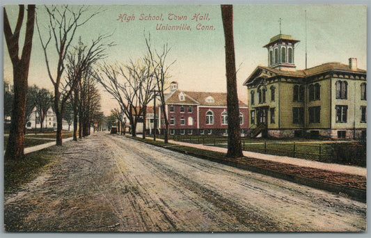 UNIONVILLE CT HIGH SCHOOL TOWN HALL ANTIQUE POSTCARD