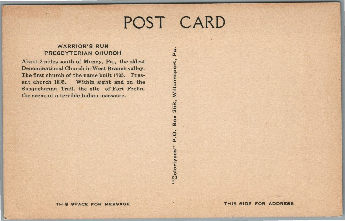 MUNCY PA WARRIOR'S RUN PRESBYTERIAN CHURCH VINTAGE POSTCARD