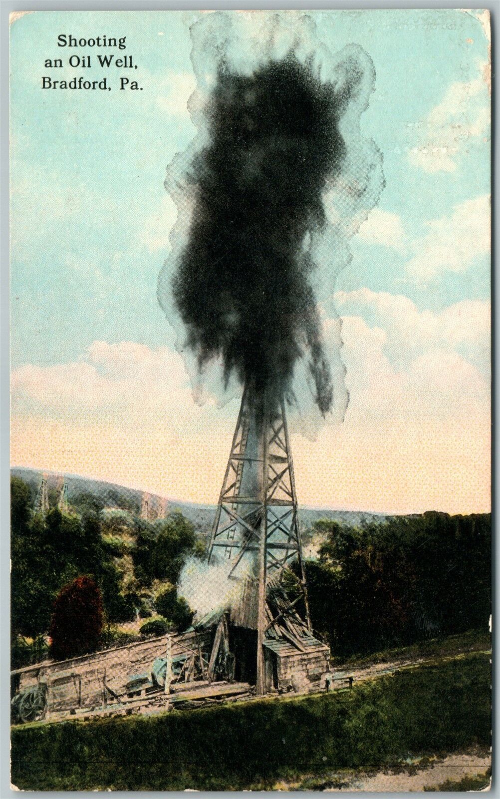 BRADFORD PA SHOOTING AN OIL WELL 1914 ANTIQUE POSTCARD