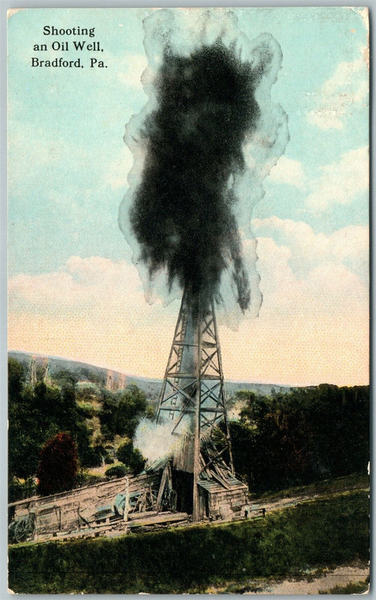 BRADFORD PA SHOOTING AN OIL WELL 1914 ANTIQUE POSTCARD