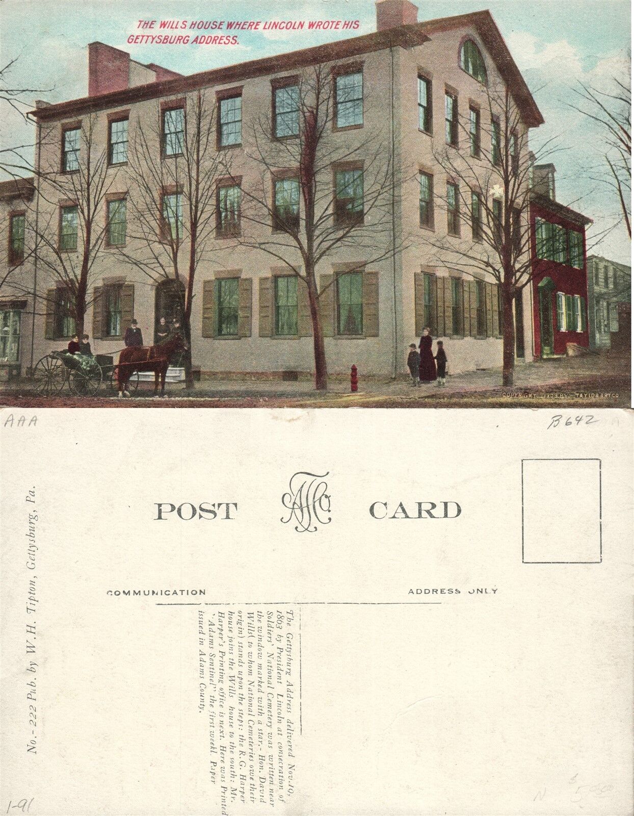 WILLS HOUSE WHERE PRESIDENT LINCOLN WROTE GETTYSBURG ADDRESS ANTIQUE POSTCARD