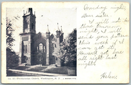 WASHINGTON NJ PRESBYTERIAN CHURCH 1906 UNDIVIDED ANTIQUE POSTCARD w/ CORK CANCEL