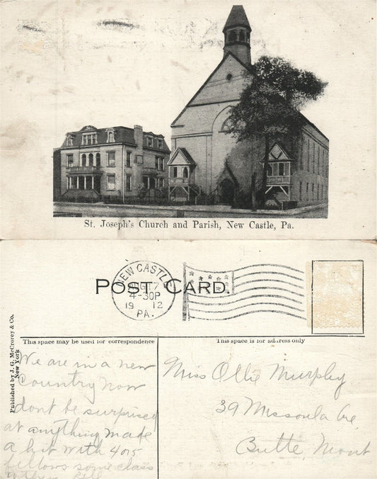 NEW CASTLE PA ST.JOSEPH'S CHURCH 1912 ANTIQUE POSTCARD