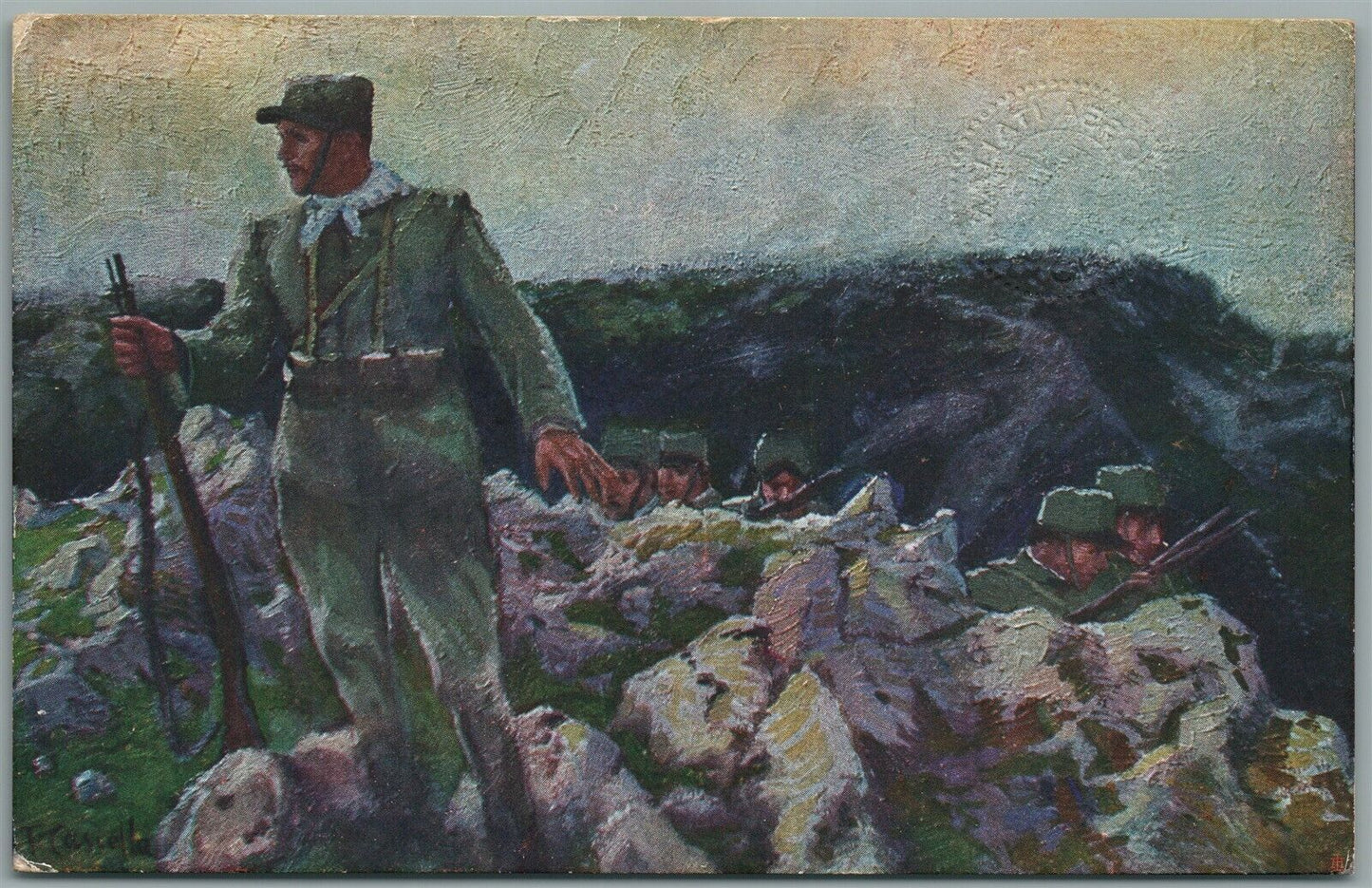 WWI ERA ITALIAN RED CROSS MILITARY ANTIQUE POSTCARD SOLDIER w/ RIFLE