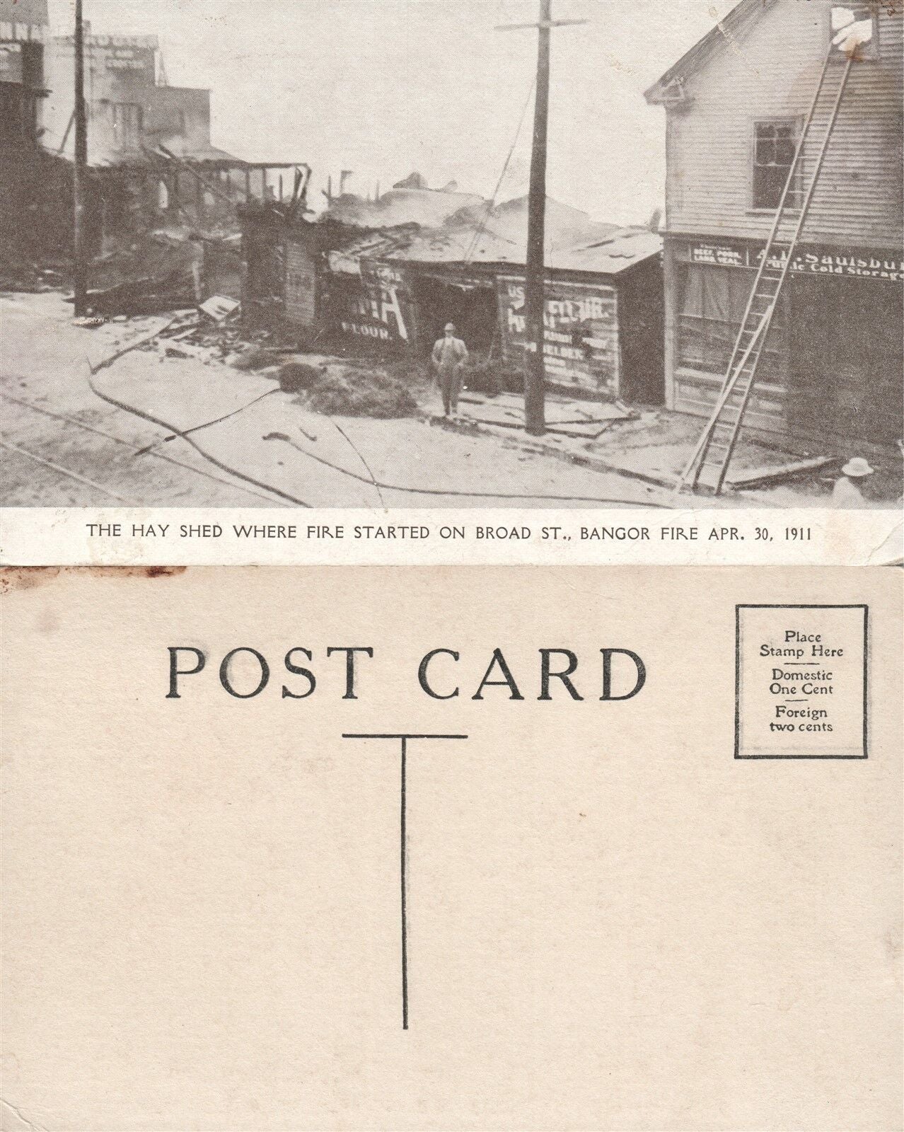 BANGOR ME HAY SHED WHERE 1911 FIRE STARTED ON BROAD STREET ANTIQUE POSTCARD