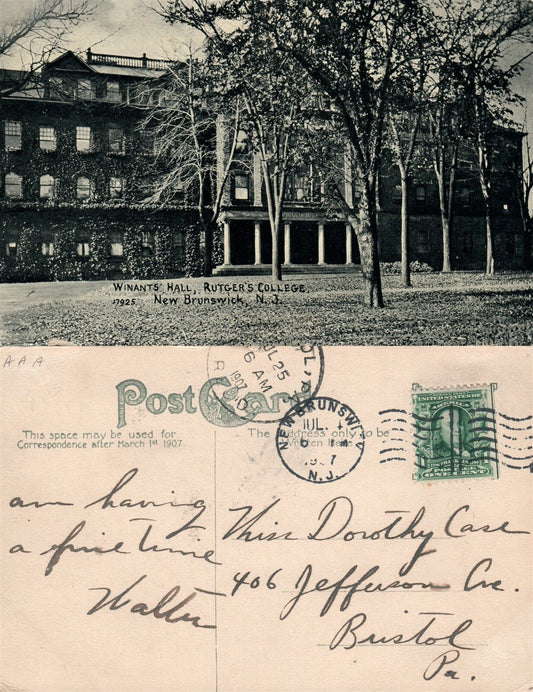 NEW BRUNSWICK N.J. RUTGER'S COLLEGE 1907 ANTIQUE POSTCARD
