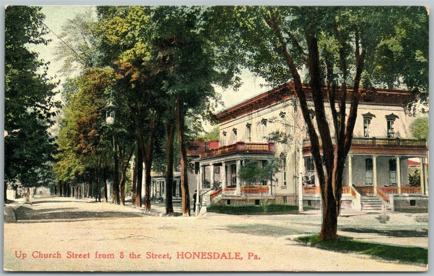 HONESDALE PA CHURCH STREET 1909 ANTIQUE POSTCARD w/ CORK CANCEL
