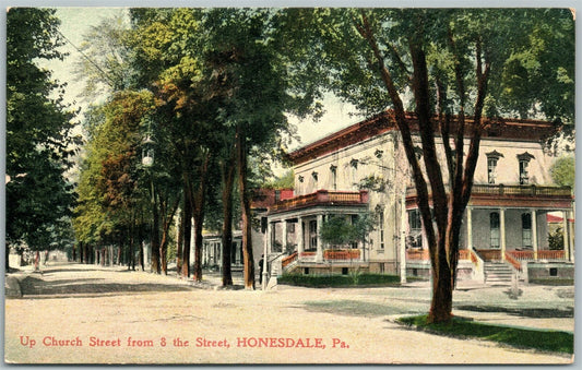 HONESDALE PA CHURCH STREET 1909 ANTIQUE POSTCARD w/ CORK CANCEL