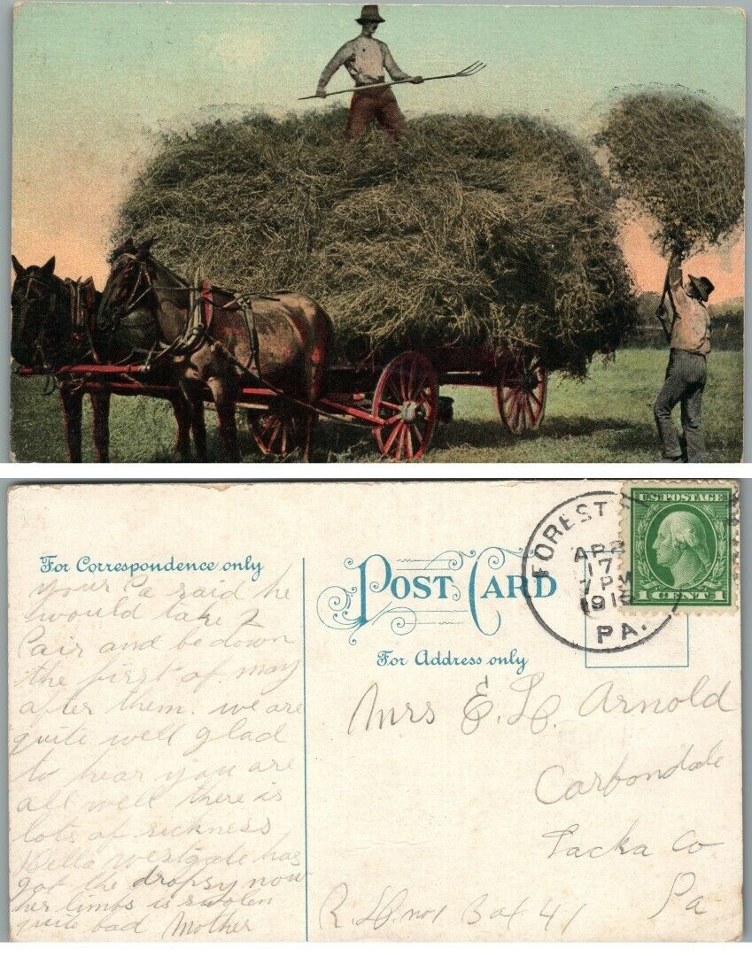 WORKING IN FIELD ANTIQUE 1915 POSTCARD FARM SCENE w/ HORSES