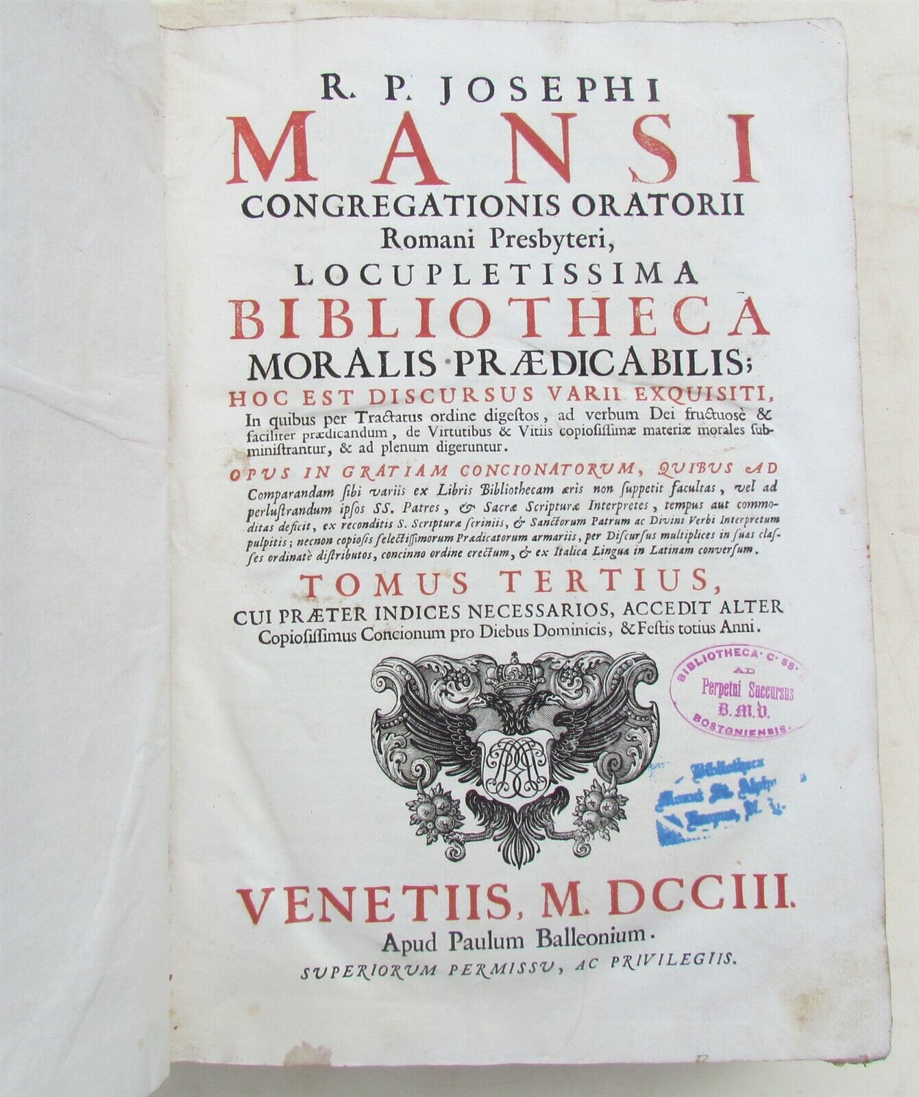 1703 VELLUM BINDING MASSIVE FOLIO Bibliotheca moralis Josephi Mansi V.3 antique