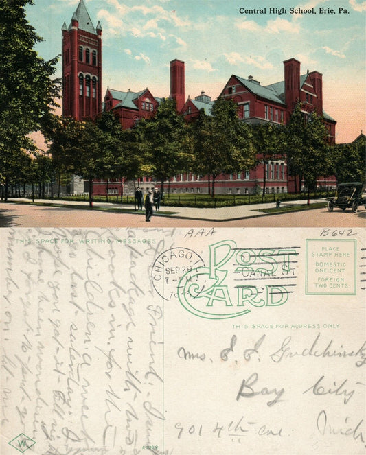 ERIE PA CENTRAL HIGH SCHOOL 1913 ANTIQUE POSTCARD
