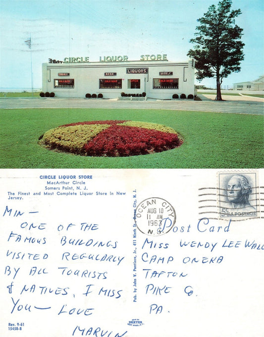 SOMERS POINT N.J. CIRCLE LIQUOR STORE MACARTHUR CIRCLE 1963 VINTAGE POSTCARD