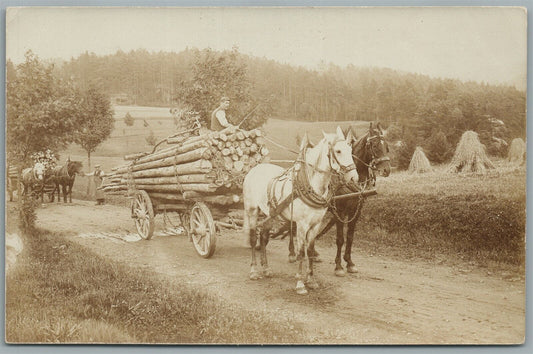 LOGGING VILLAGE SCENE w/ HORSE DRAWN WAGON ANTIQUE REAL PHOTO POSTCARD RPPC