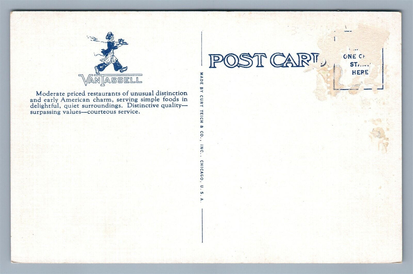 VAN TASSELL RESTAURANT ADVERTISING ANTIQUE POSTCARD PA NY NJ