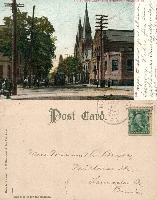 LEBANON PA 8th & CUMBERLAND STREETS 1907 UNDIVIDED ANTIQUE POSTCARD