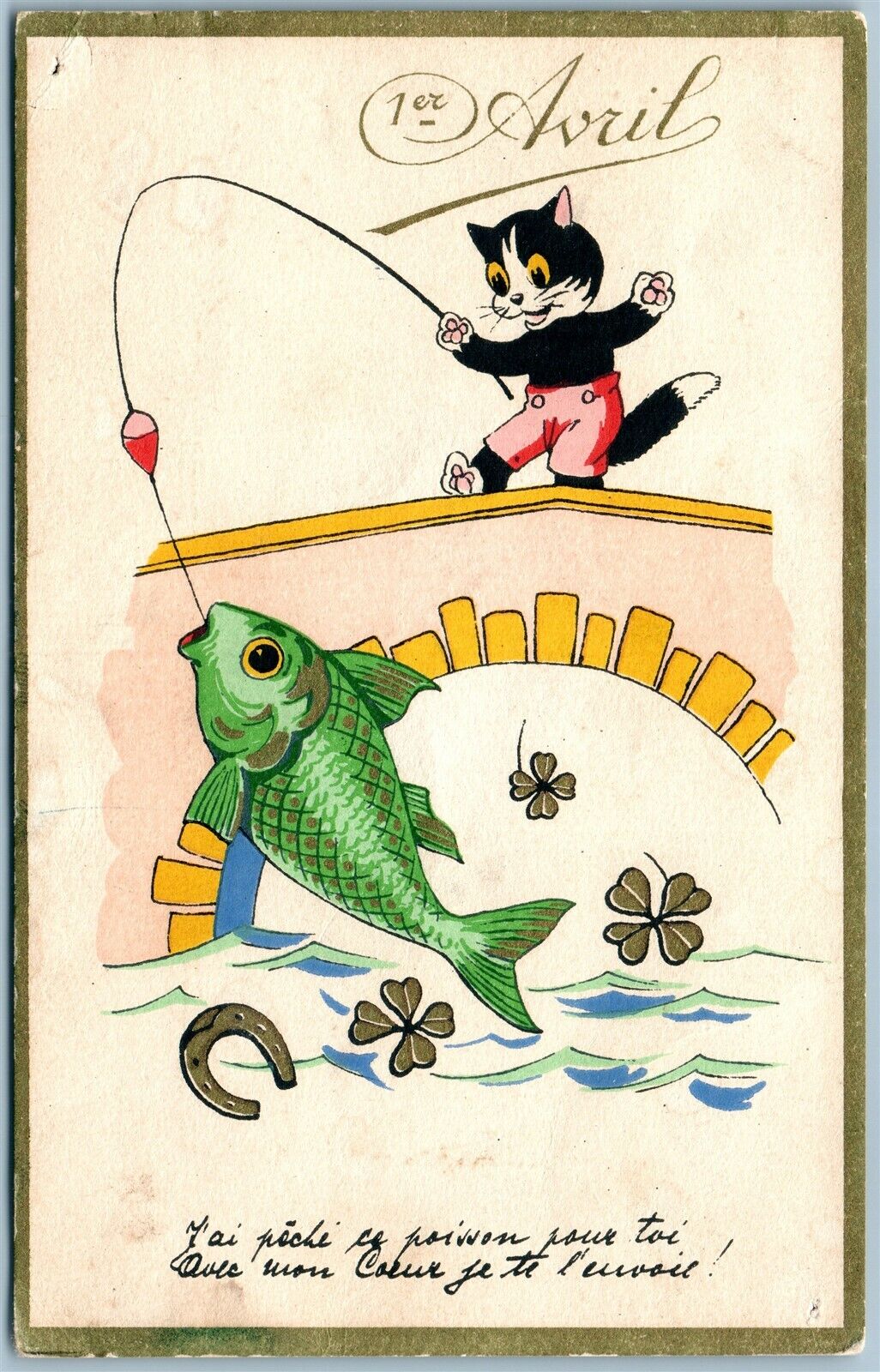 CAT FISHERMAN VINTAGE FOOL DAY POSTCARD