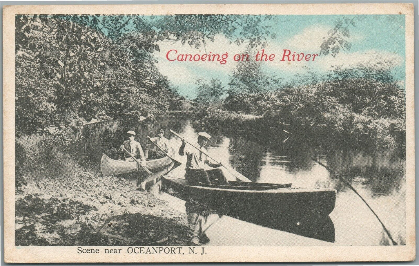 OCEANPORT NJ CANOEING ON THE RIVER ANTIQUE POSTCARD