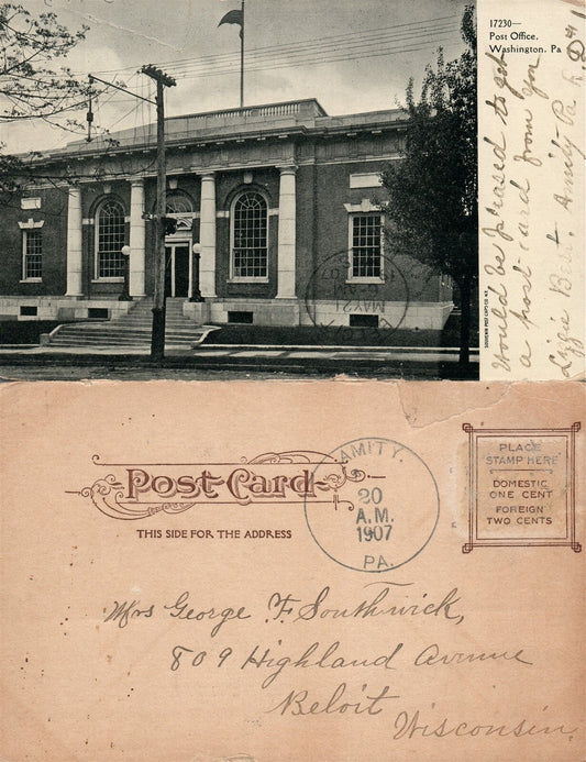 WASHINGTON PA POST OFFICE 1907 UNDIVIDED ANTIQUE POSTCARD