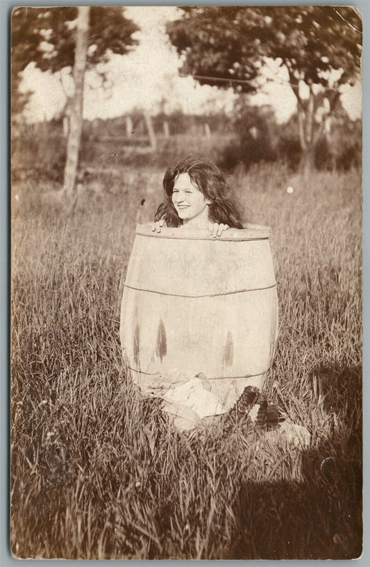 GIRL in BARREL ANTIQUE REAL PHOTO POSTCARD RPPC