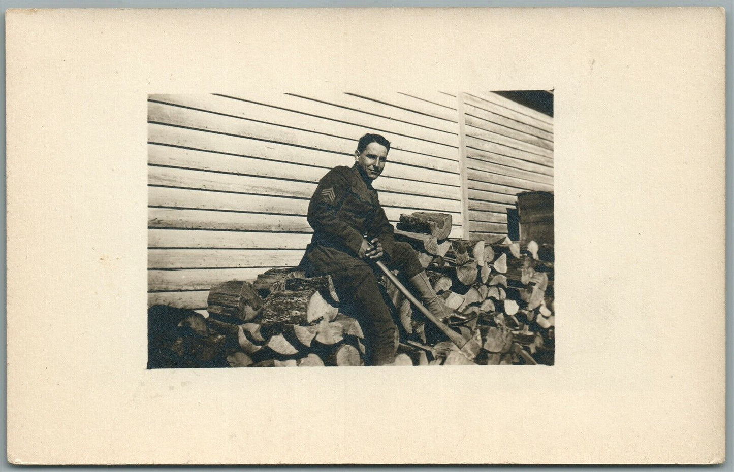 AMERICAN SOLDIER w/ AXE WOOD SPLITTING ANTIQUE REAL PHOTO POSTCARD RPPC