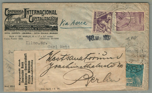 BRAZIL 1937 VINTAGE FLIGHT COVER TO BERLIN GERMANY w/ STAMPS