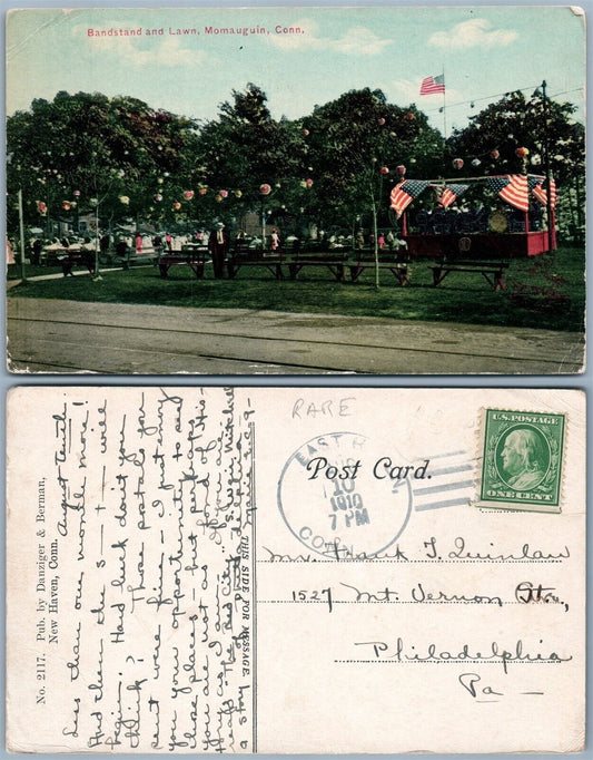 MOMAUGUIN CT BANDSTAND & LAWN 1910 ANTIQUE POSTCARD AMERICAN FLAGS