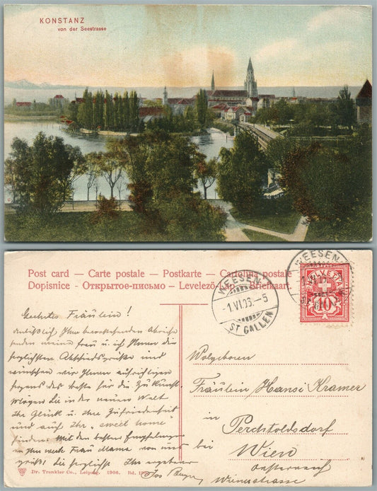 KONSTANZ GERMANY ANTIQUE POSTCARD w/ STAMP