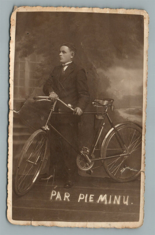 YOUNG MAN w/ BICYCLE VINTAGE REAL PHOTO POSTCARD RPPC