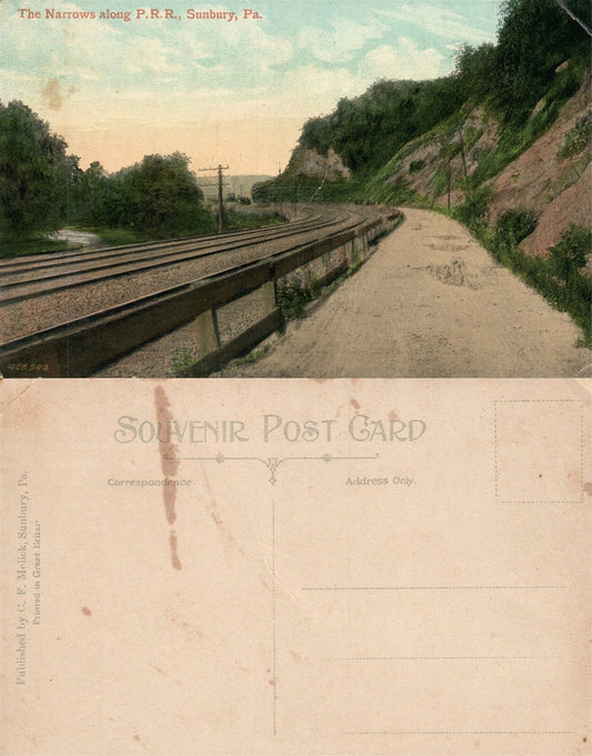 WEST SUNBURY PA THE NARROWS ALONG P.R.R. ANTIQUE POSTCARD railroad railway