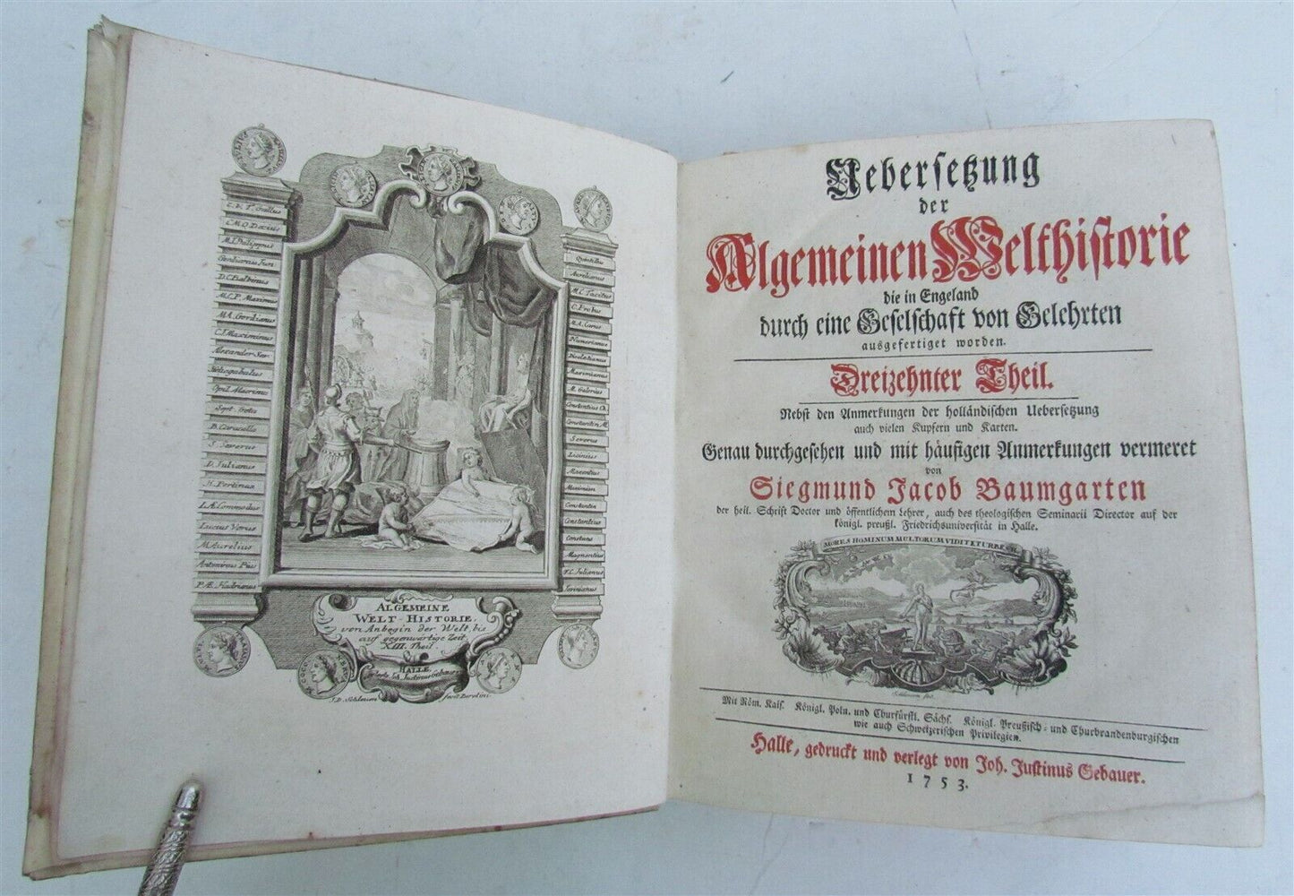 1753 WORLD'S HISTORY antique ILLUSTRATED w/ MAP in German VELLUM BOUND