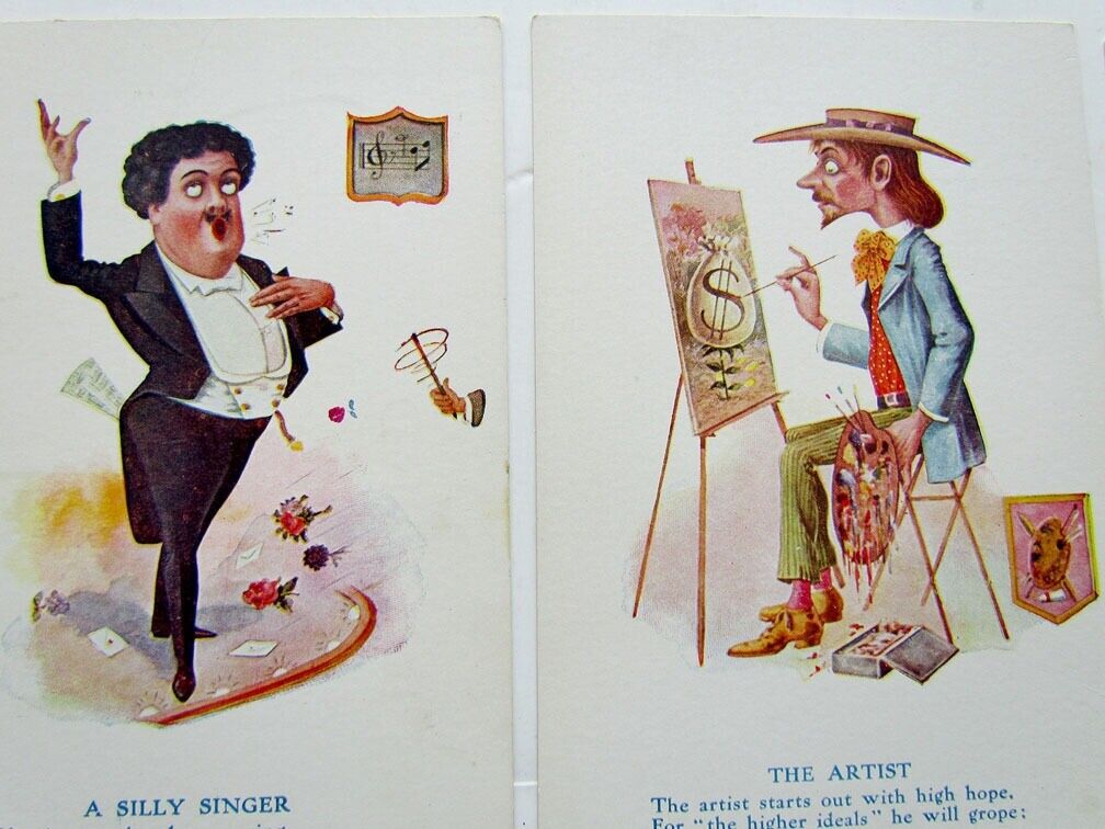 LOT OF 6  ANTIQUE UNDIVIDED COMIC POSTCARDS SINGER ARTIST SPORTSMAN SCHOOLMARM