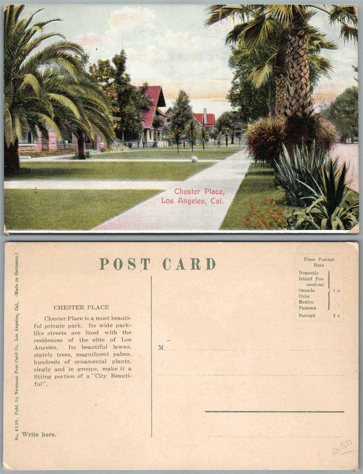 LOS ANGELES CA CHESTER PLACE ANTIQUE POSTCARD