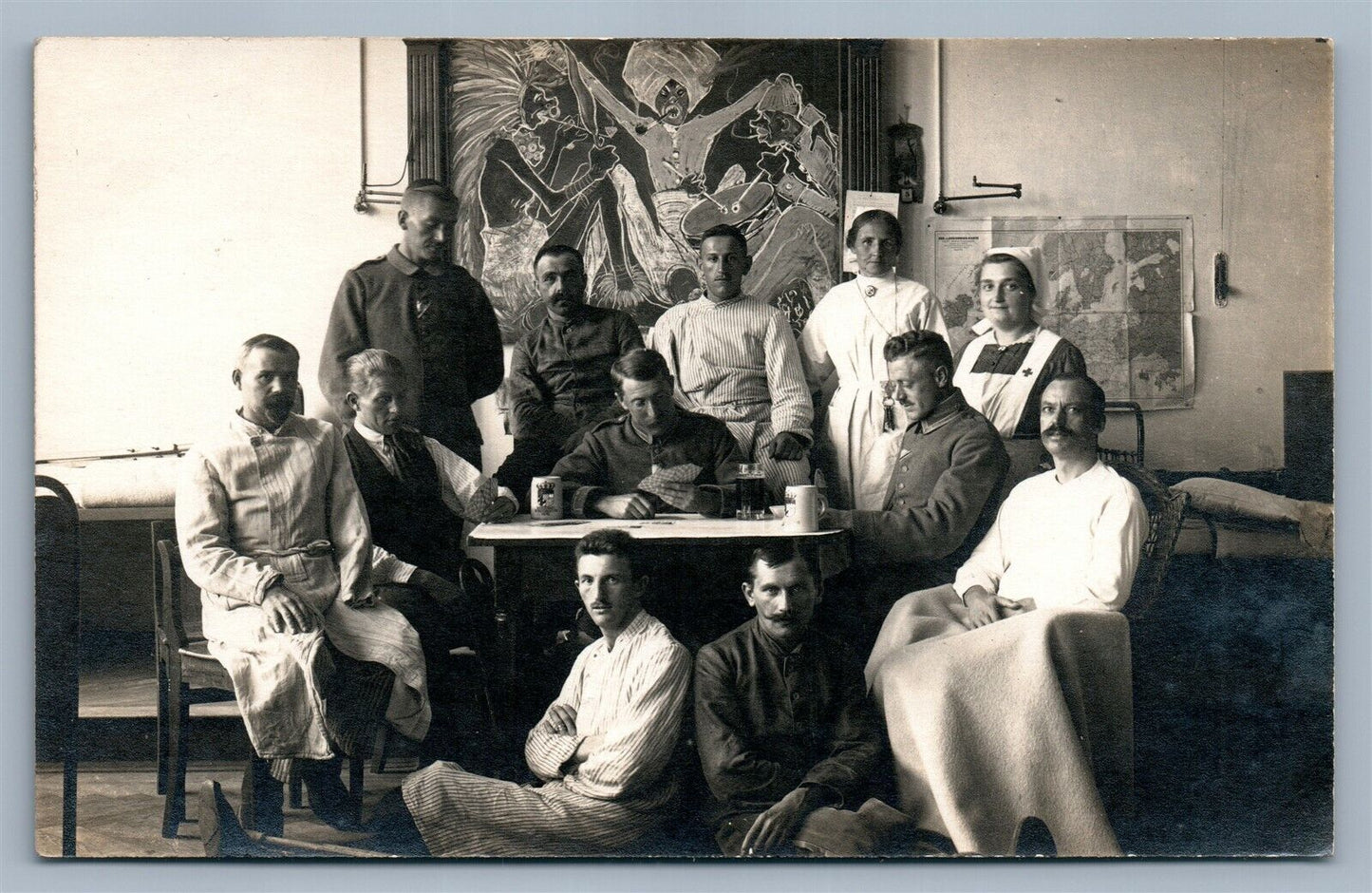 GERMAN SOLDIERS in HOSPITAL PLAYING CARDS WWI ANTIQUE REAL PHOTO POSTCARD RPPC