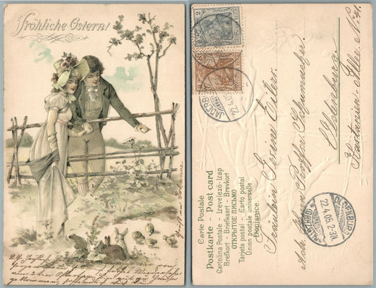 ROMANTIC COUPLE GERMAN EMBOSSED 1905 UNDIVIDED ANTIQUE POSTCARD w/ STAMPS