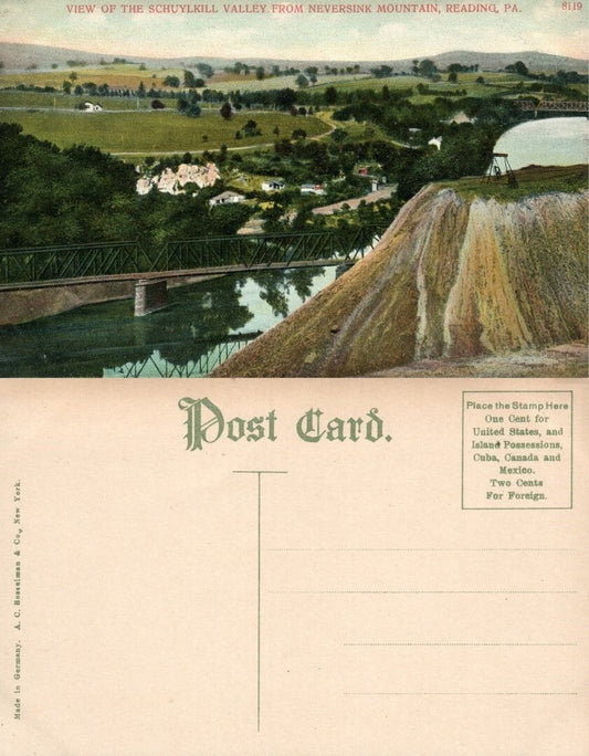 READING PA VIEW OF SCHUYLKILL VALLEY FROM NEVERSINK MOUNTAIN ANTIQUE POSTCARD