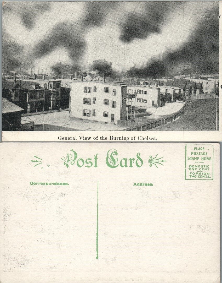 ANTIQUE POSTCARD GENERAL VIEW OF THE BURNING OF CHELSEY SUFFOLK COUNTY MA