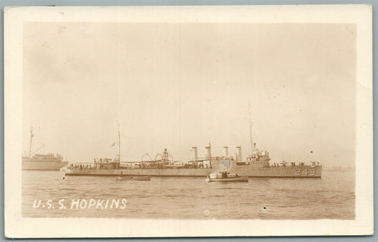 MILITARY SHIP U.SS. HOPKINS ANTIQUE REAL PHOTO POSTCARD RPPC