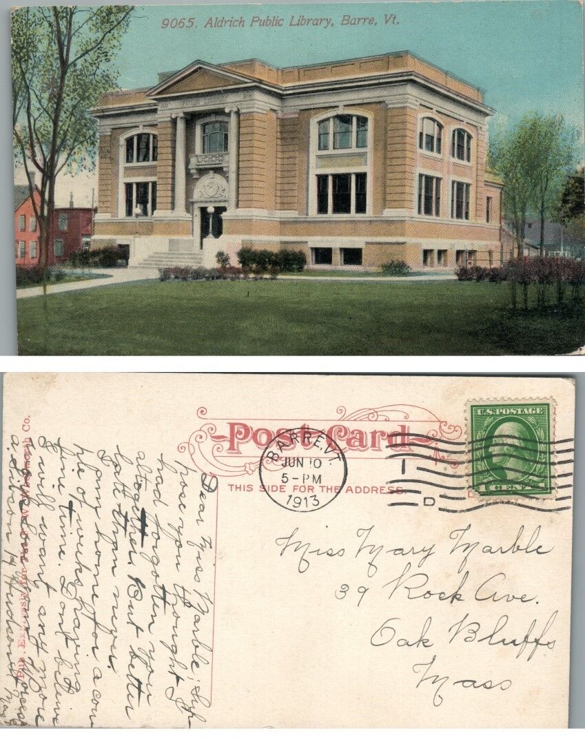ALDRICH PUBLIC LIBRARY BARRE VERMONT 1913 ANTIQUE POSTCARD