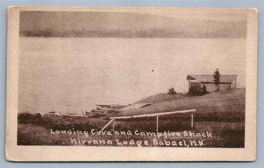SABAEL NY NIRVANA LODGE LANDING COVE & CAMPFIRE SHACK ANTIQUE POSTCARD