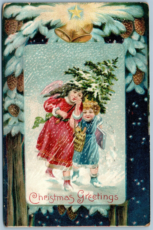 KIDS w/ CHRISTMAS TREE ANTIQUE HAPPY NEW YEAR POSTCARD