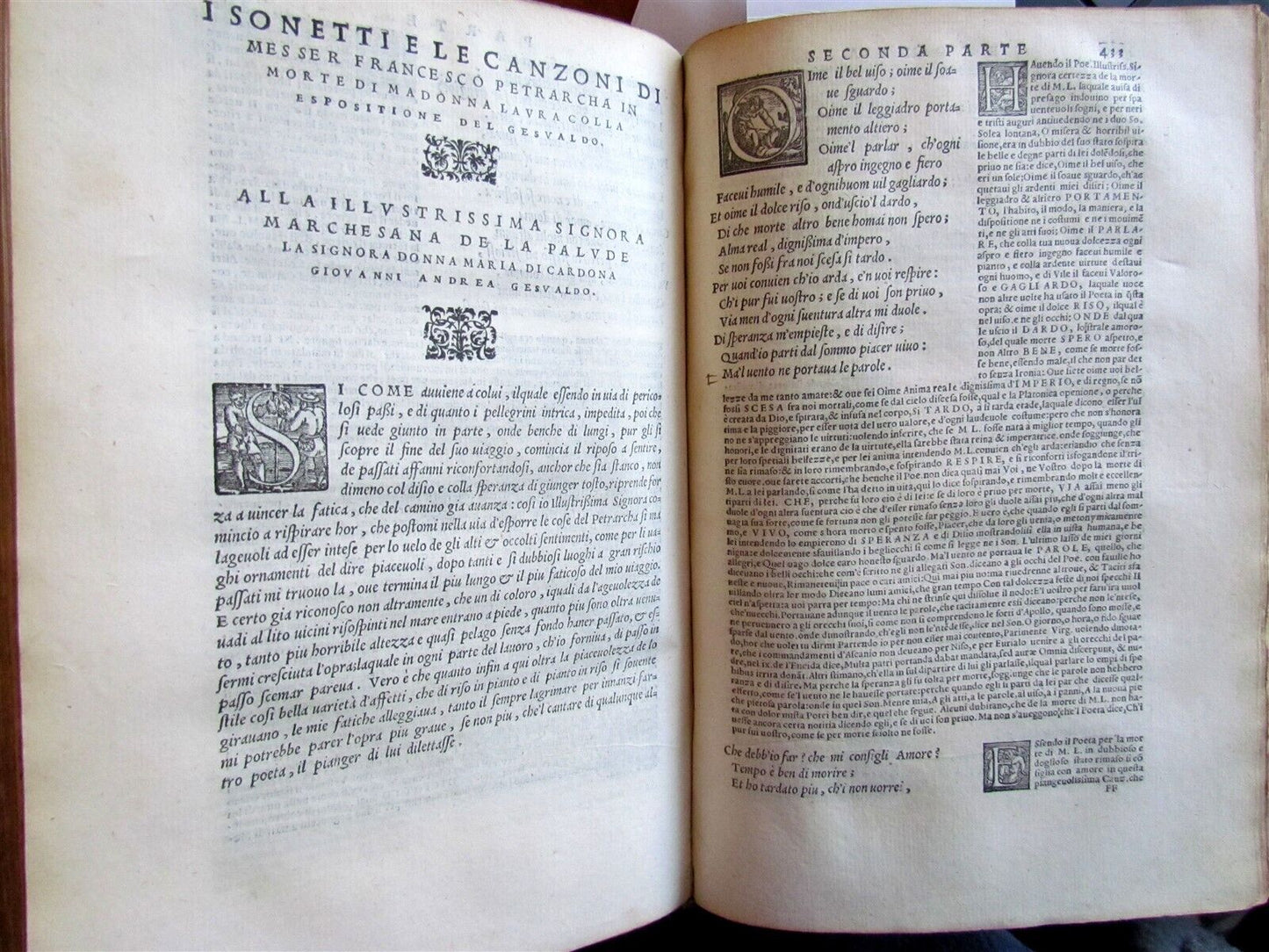 1553 PETRARCH VELLUM BINDING antique Con l'espositione di M. Giovanni Gesualdo