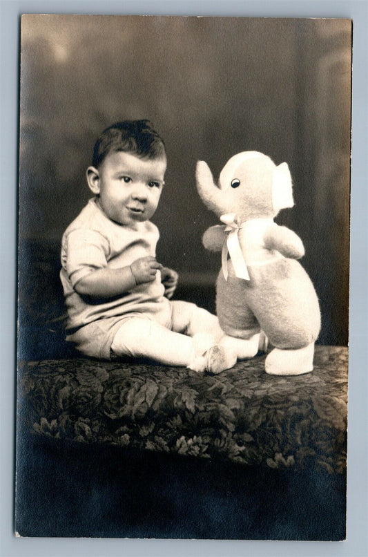 BABY BOY w/ TOY ELEPHANT VINTAGE REAL PHOTO POSTCARD RPPC