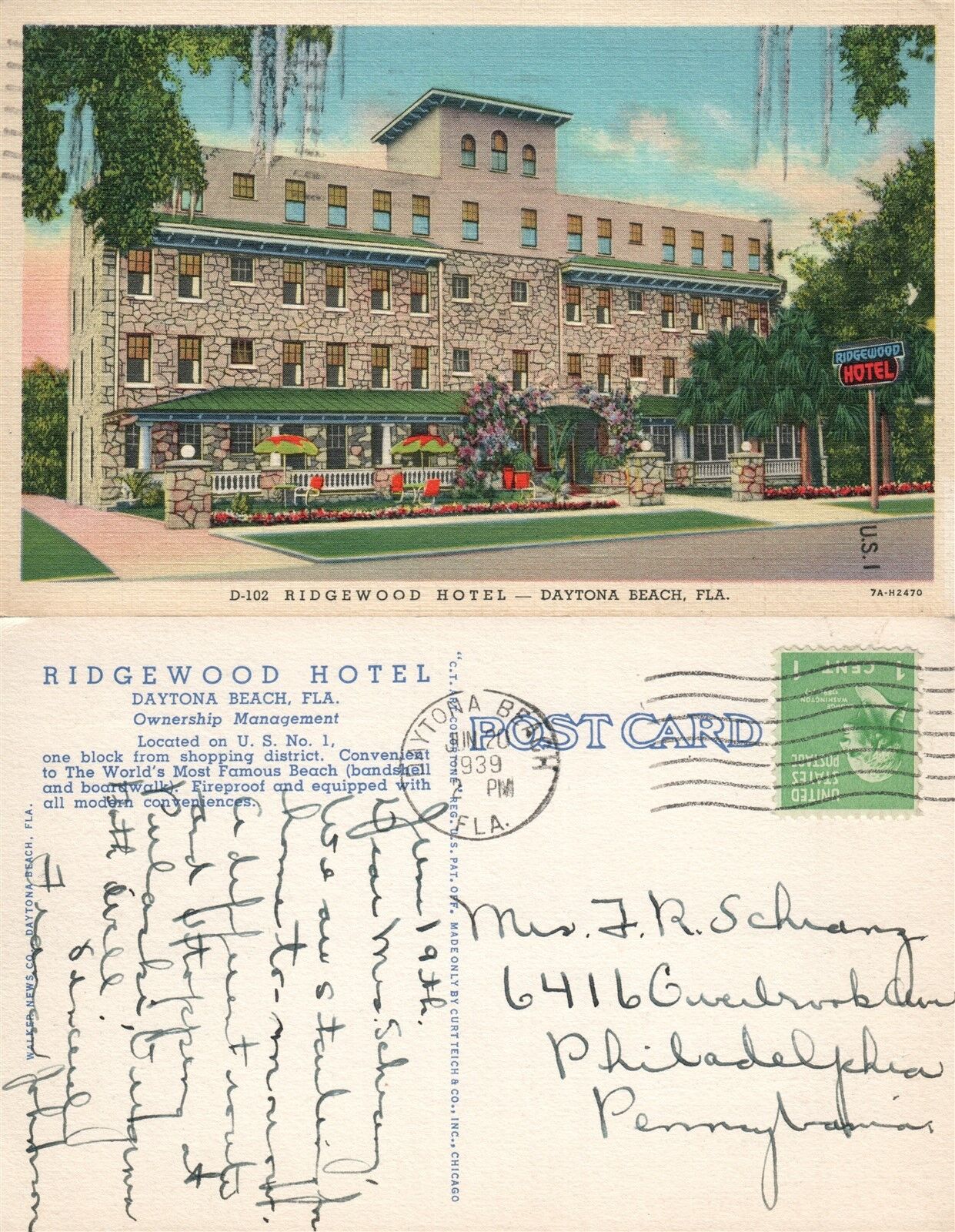 DAYTONA FL RIDGEWOOD HOTEL 1939 VINTAGE POSTCARD