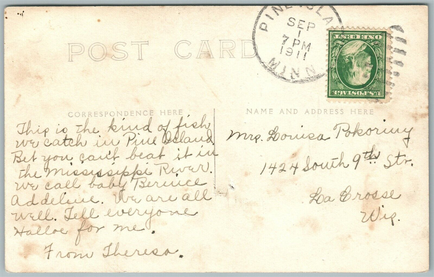 FISHING EXAGGERATED 1911 ANTIQUE REAL PHOTO POSTCARD RPPC w/ CORK STAMP