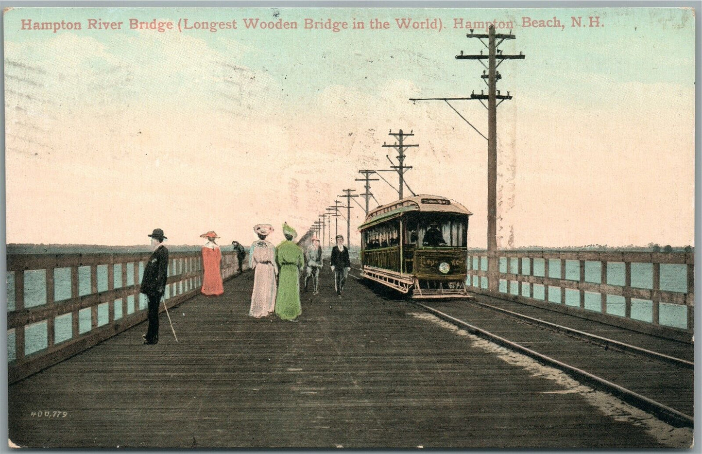 HAMPTON BEACH NH RIVER BRIDGE RAILROAD TRACKS TROLLEY ANTIQUE POSTCARD