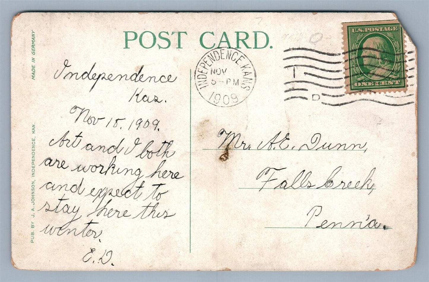 INDEPENDENCE KS PENN AVENUE ANTIQUE POSTCARD