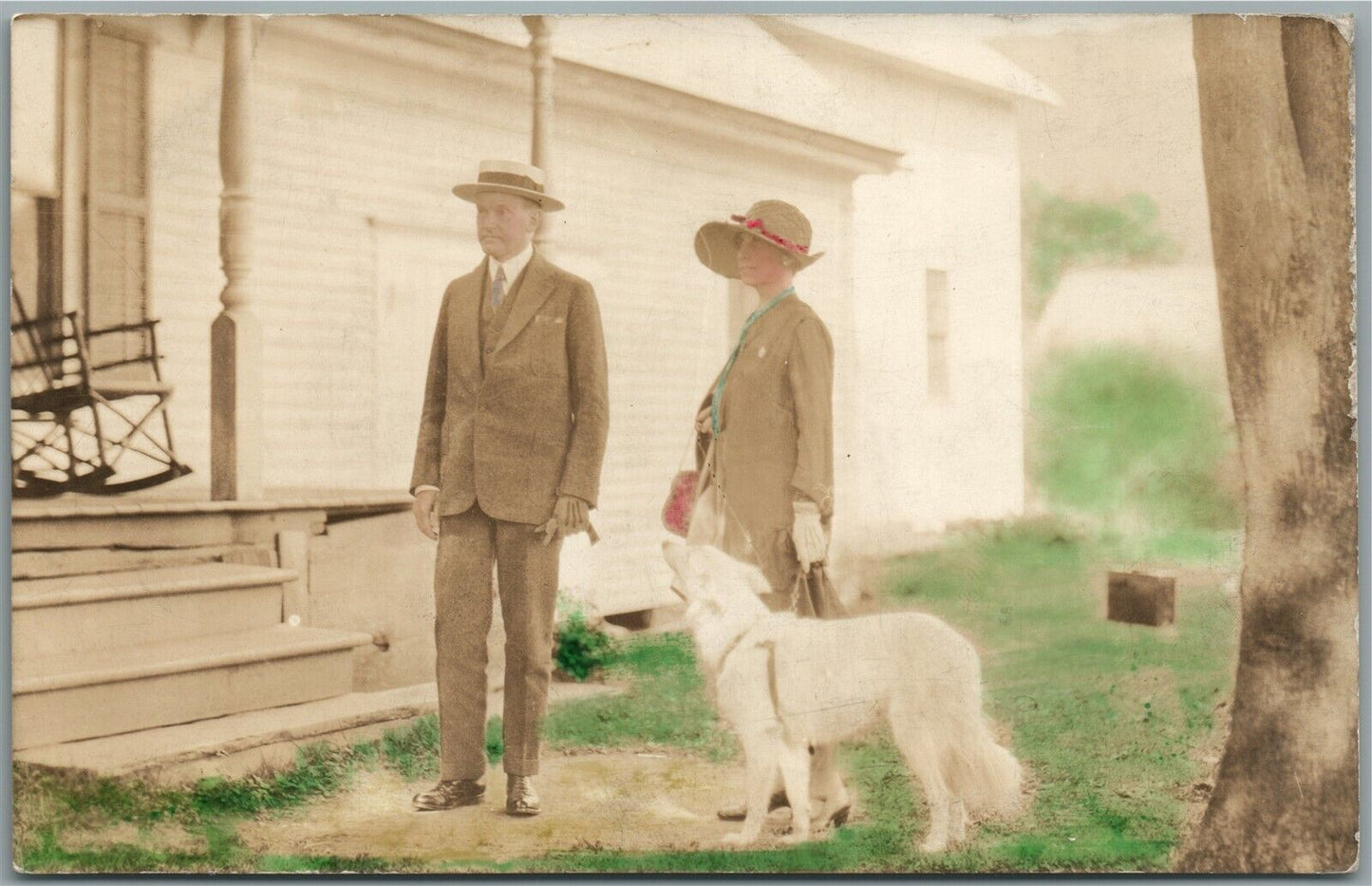 COUPLE w/ DOG HAND COLORED ANTIQUE REAL PHOTO POSTCARD RPPC